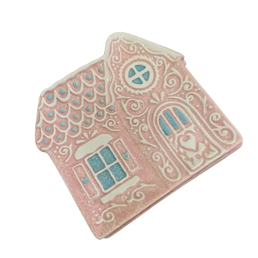 Godinger Pastel Pink Gingerbread House 6in Ceramic Appetizer Plates New